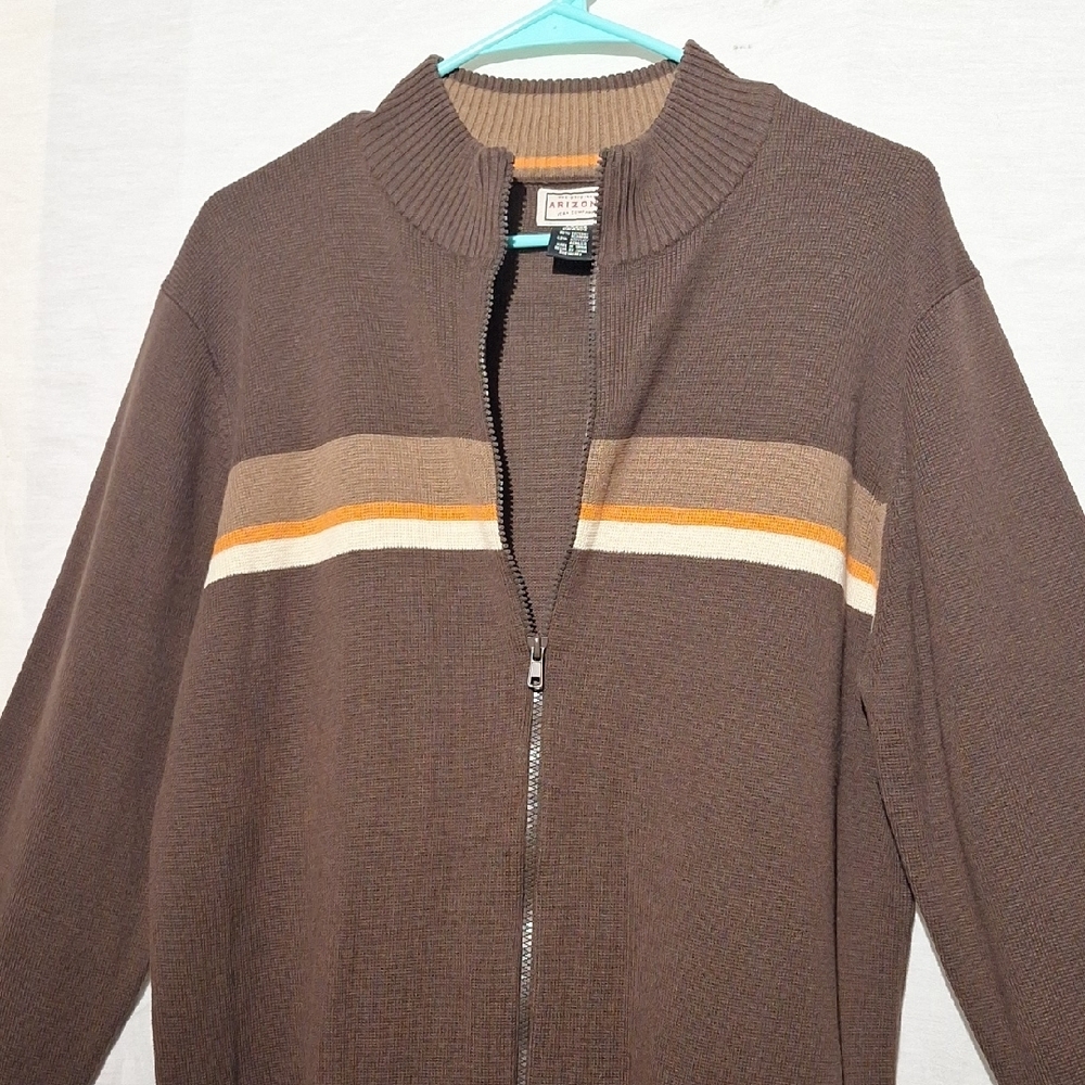 3/$20--Brown Knit Zip Up Men's Sweater With Stripes And Crew Neck, Sz. L., NWOT - Picture 7 of 13